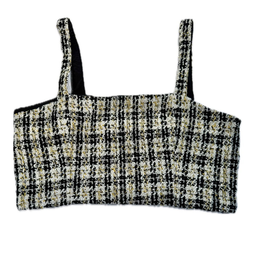 Windsor Plaid Tweed Crop Top Zip Up Square Neck Cute